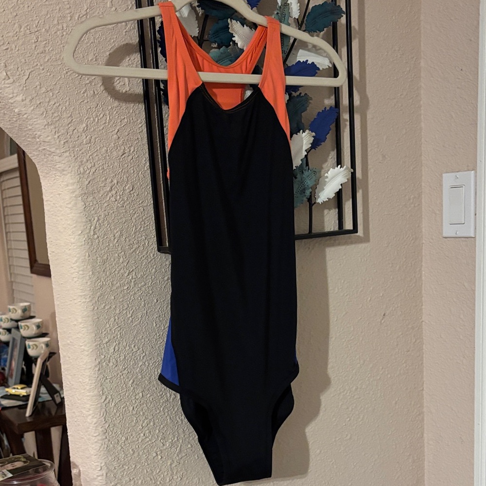 Women's Black One-Piece Swimsuit with Orange Straps and Blue Accent NWT